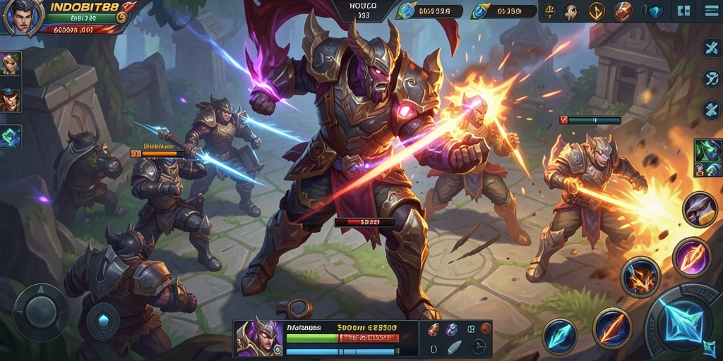 Screenshot gameplay INDOBIT88 menampilkan pertarungan seru antar karakter MOBA.