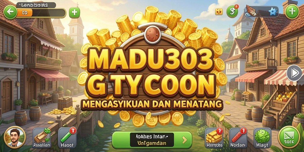 Tampilan gameplay <strong>MADU303</strong> yang menarik dalam membangun bisnis Tycoon.