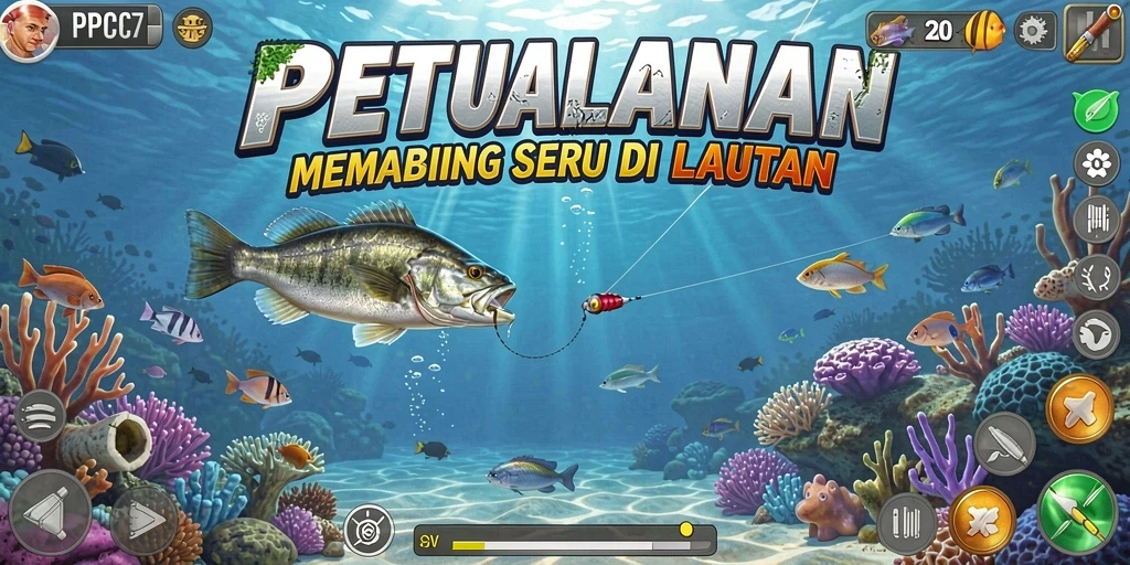 Tampilan gameplay PCPC7 dengan aksi memancing yang menegangkan.