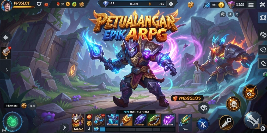 Tangkapan layar gameplay <strong>PP8SLOT</strong> yang menampilkan pertarungan epik dan eksplorasi dunia.