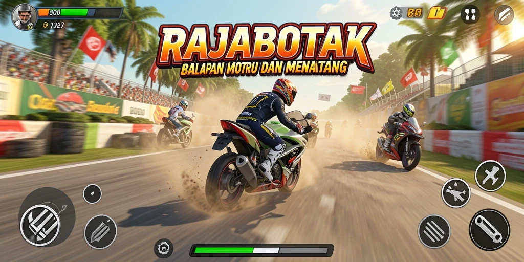 Tampilan gameplay seru dalam RAJABOTAK yang penuh aksi balapan motor.
