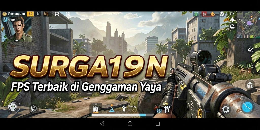 Screenshot SURGA19 menampilkan aksi tembak-menembak yang intens di arena permainan FPS.