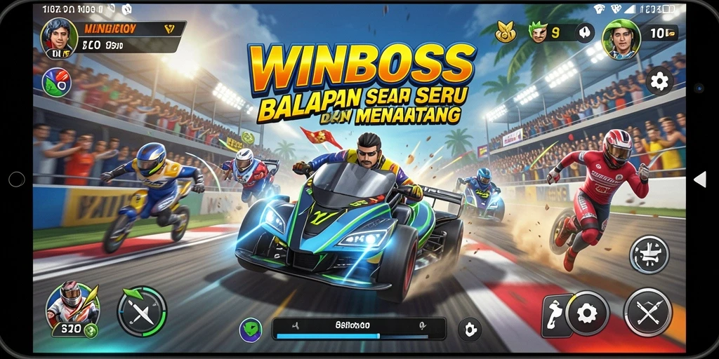 Screenshot gameplay WINBOSS menampilkan balapan yang mendebarkan.