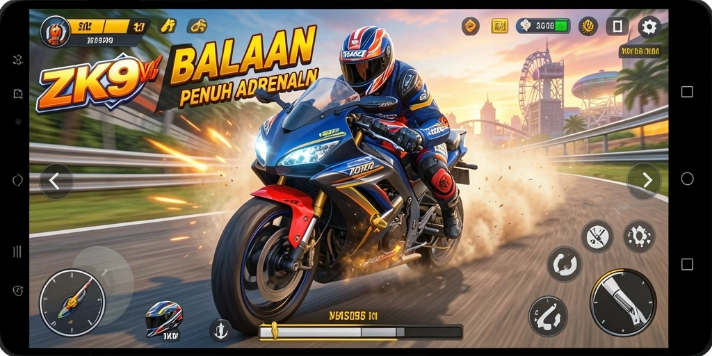 Screenshot gameplay ZK9VIP menampilkan aksi balapan motor yang seru.